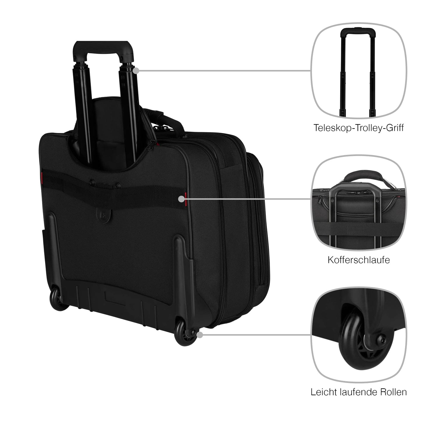 WENGER Granada Rolling Laptop Case, fits up to 15.6 inch notebook, 29L, for men and women, office, business, school, black, 600659.