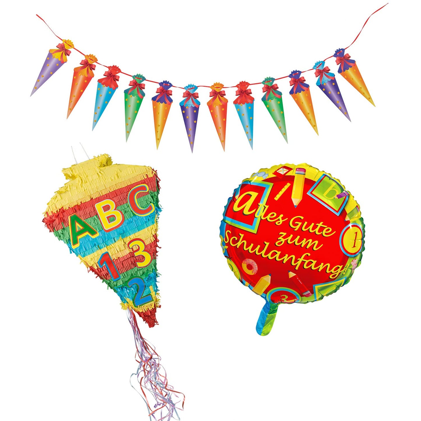 Idena 90125 - 1 Pinata school cone, 1 garland, 1 foil balloon school start, enrollment, school start, decoration, gift