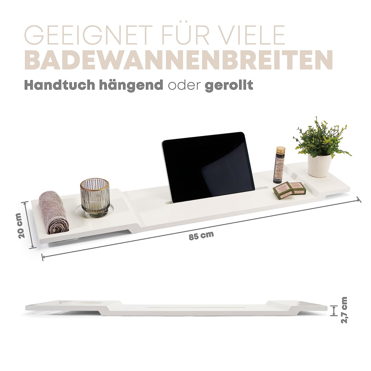 Pampeliška Premium bathtub tray in white with bamboo towel holder. Includes e-book/smartphone/tablet holder, wine glass holder, and candle holder. A luxurious addition to your bath time.