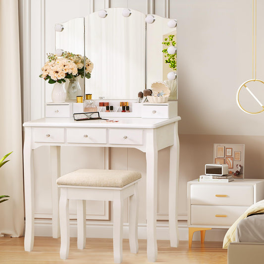 ANWBROAD Vanity Table with Lighted Mirror Tri-Folding Makeup Vanity Set 10 LED Bulbs 5 Drawers 2 DIY Dividers Cushioned Stool Removable Organizer White BDT05W