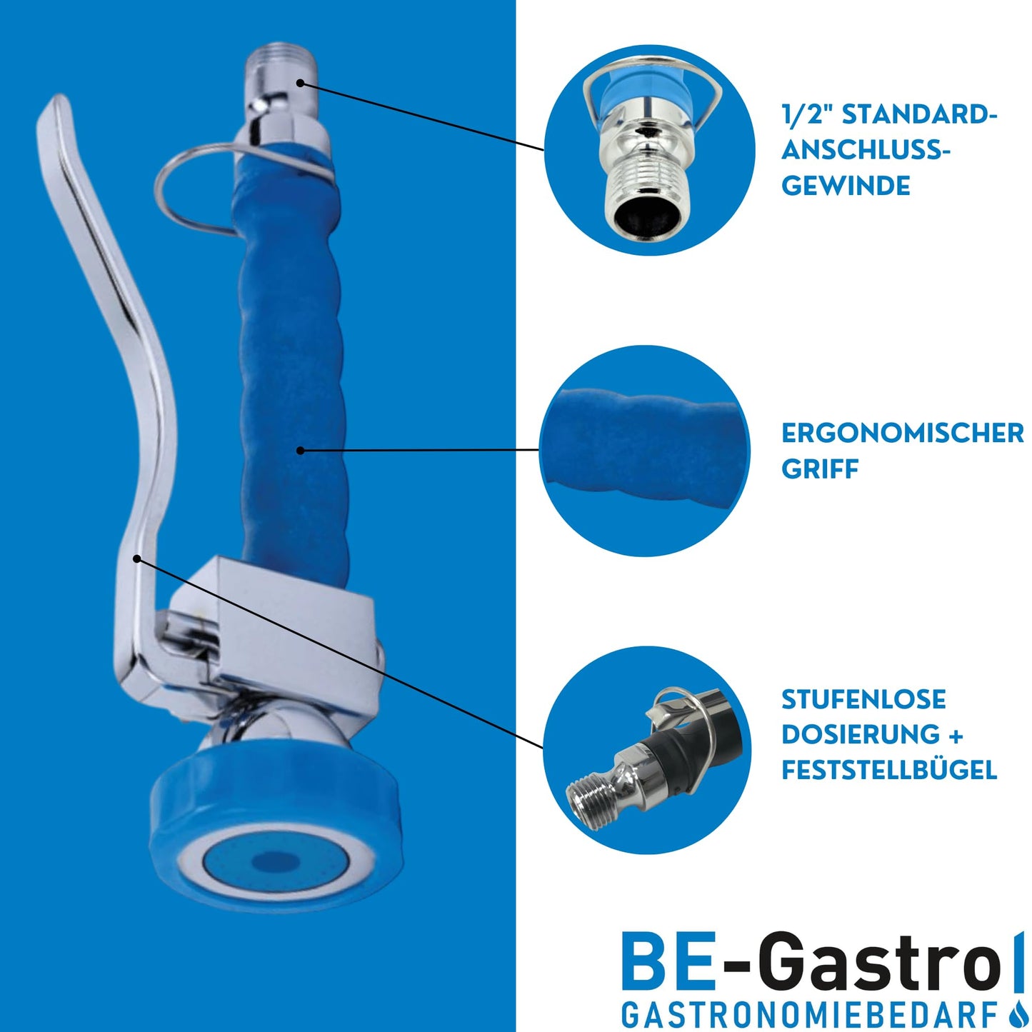 BE-GASTRO® Professional Gastro Hand Shower (Blue) including locking clip | 1/2" standard connection | Stainless steel replacement spray head for dishwashing spray/Gastro spray