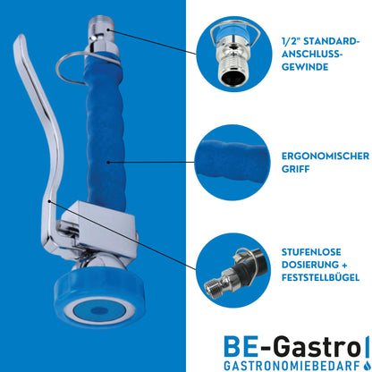 BE-GASTRO® Professional Gastro Hand Shower (Blue) including locking clip | 1/2" standard connection | Stainless steel replacement spray head for dishwashing spray/Gastro spray