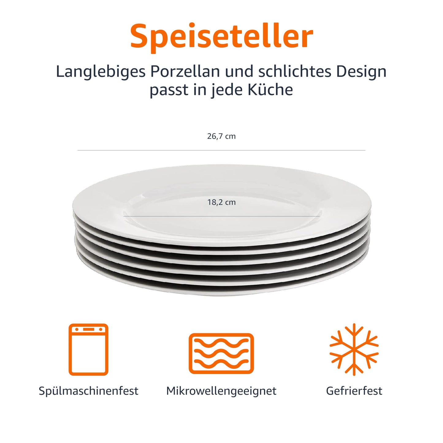Amazon Basics Dinner Plate Set, 26.67 cm, 6 Pieces
