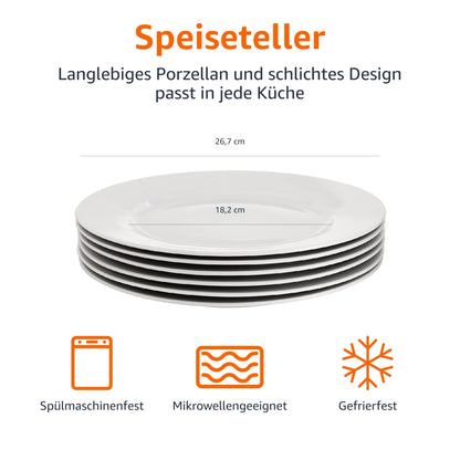 Amazon Basics Dinner Plate Set, 26.67 cm, 6 Pieces