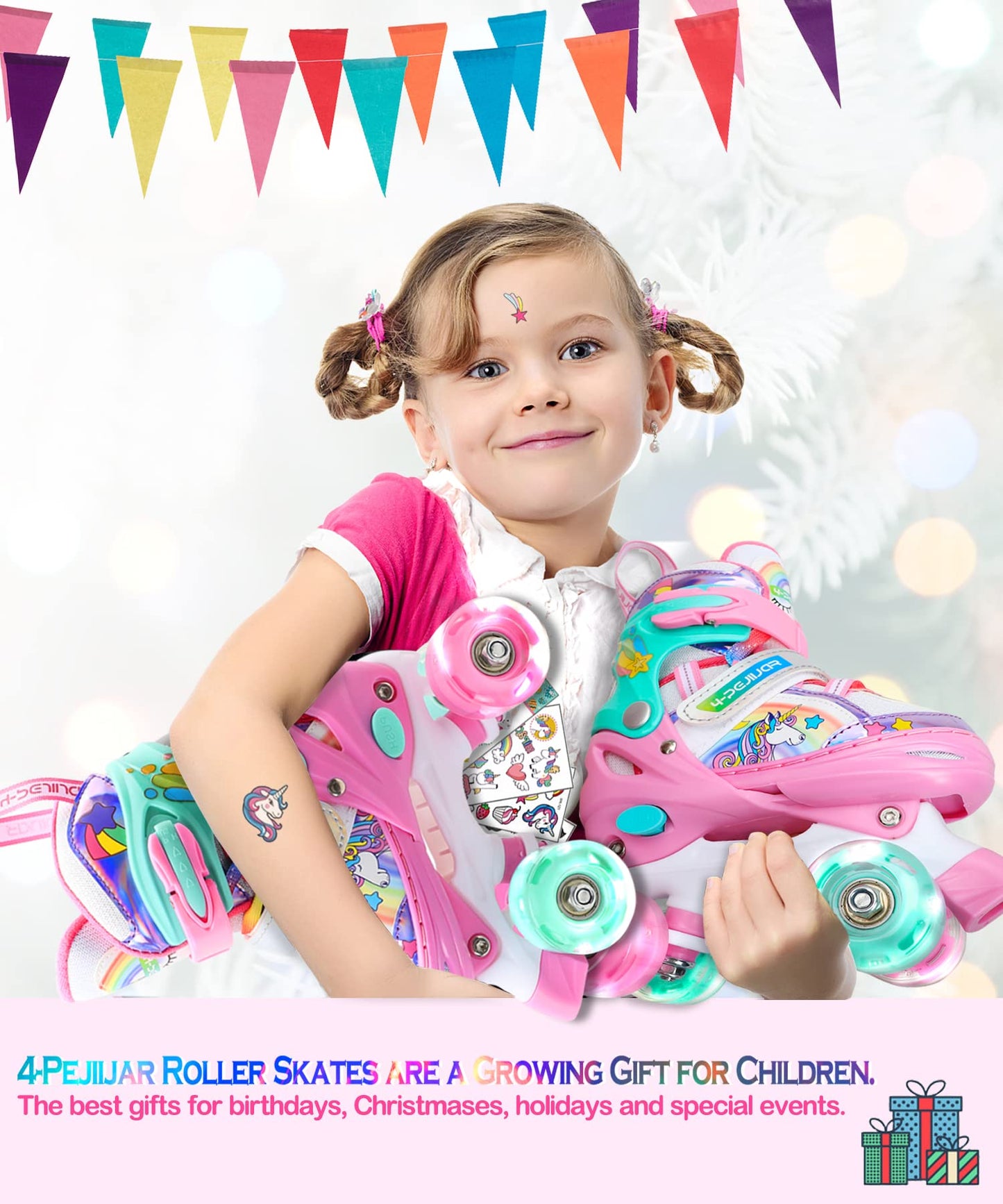 Children's unicorn roller skates for girls. Suitable for ages 6-12. With glowing wheels, 4-wheel adjustable beginner quad roller skates for Christmas and birthday gifts.