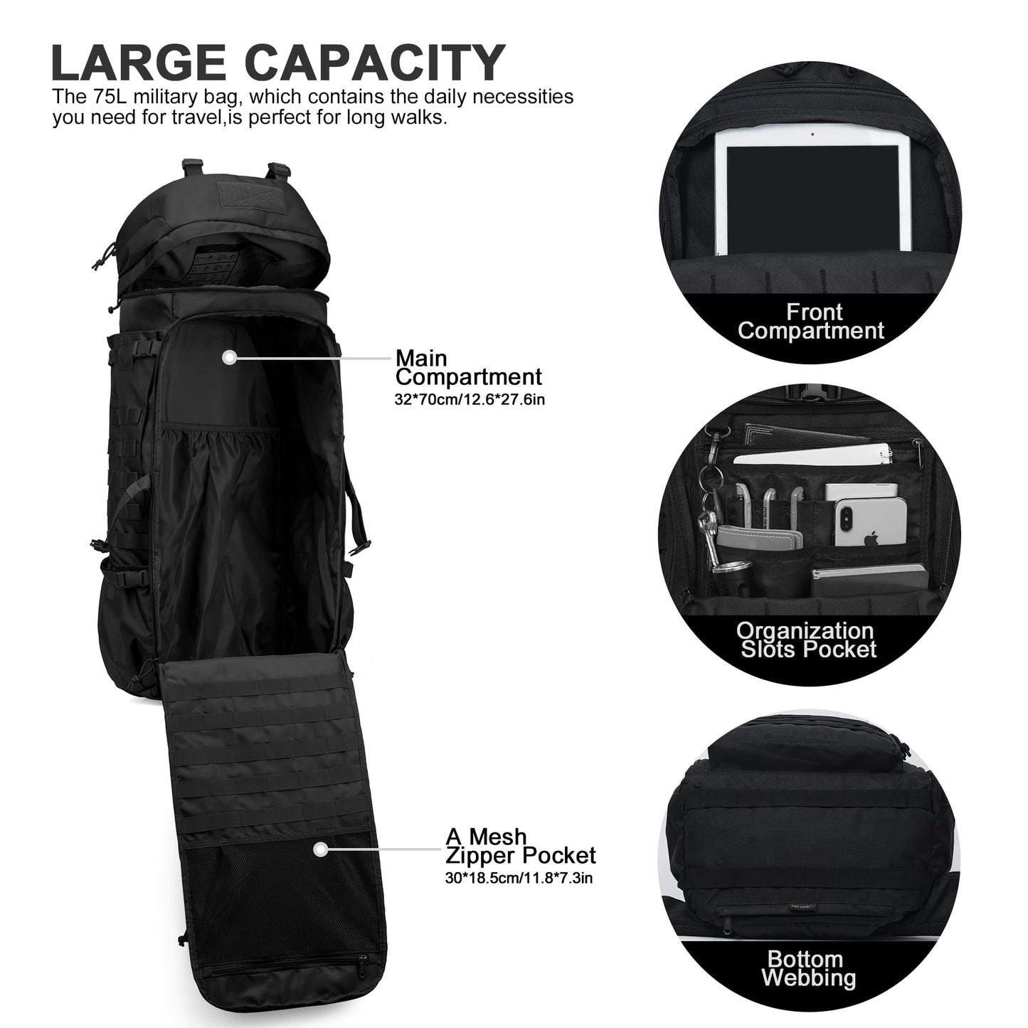 Mardingtop 75L Tactical Backpack with Rain Cover, MOLLE System Hiking Backpack Large Capacity Outdoor Backpack for Trekking, Hiking, and Camping.
