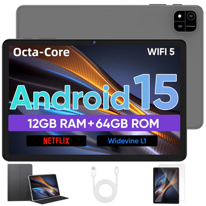 JIKOCXN Android 15 tablet 10.1 inch tablet, 12GB RAM+64GB ROM+1TB expansion, 1280x800 HD touchscreens, 6000mAh battery, WiFi 5, Bluetooth 5.0, 5MP+8MP dual camera, GPS (Gray)