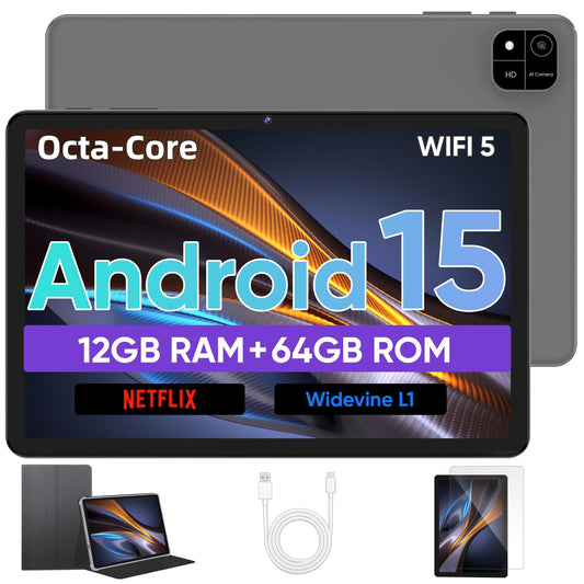 JIKOCXN Android 15 tablet 10.1 inch tablet, 12GB RAM+64GB ROM+1TB expansion, 1280x800 HD touchscreens, 6000mAh battery, WiFi 5, Bluetooth 5.0, 5MP+8MP dual camera, GPS (Gray)