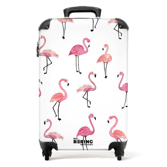 NoBoringSuitcases.com® Kids' suitcase for girls with wheels, hand luggage, suitcase with animal motif - flamingo pattern - pink - children's suitcase trolley, 55x40x20.