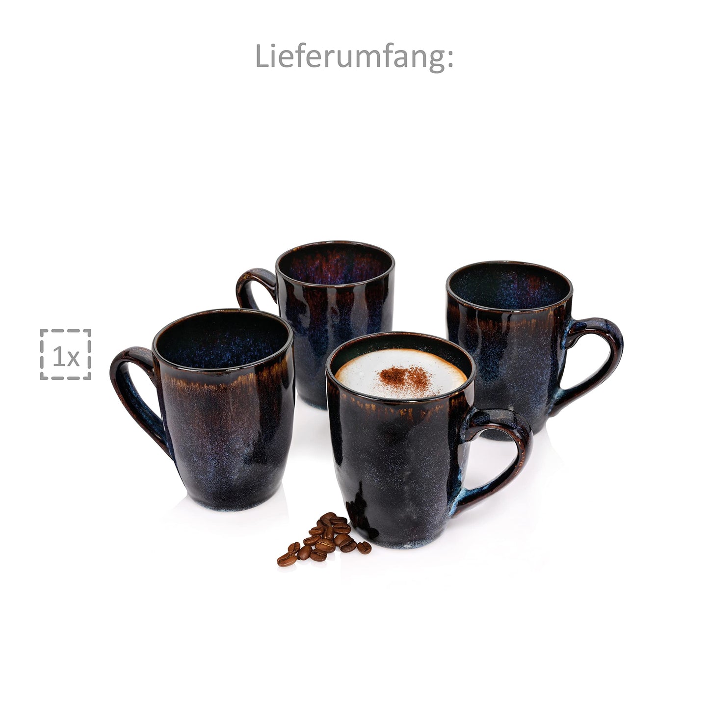 Singer | Coffee cup set Tokyo 4 pcs, coffee mug set for 4 persons, stoneware cup dishwasher safe, handmade cup set, mug set blue-black with brown accents 300 ml | PREMIUM COLLECTION