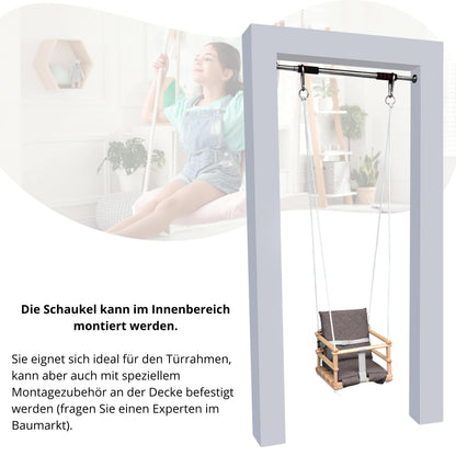 Wooden baby swing, children's swing, 3 in 1 swing for kids with safety belt, toddler swing, baby swing and swing seat, wooden children's swing for indoor and outdoor use (light grey)