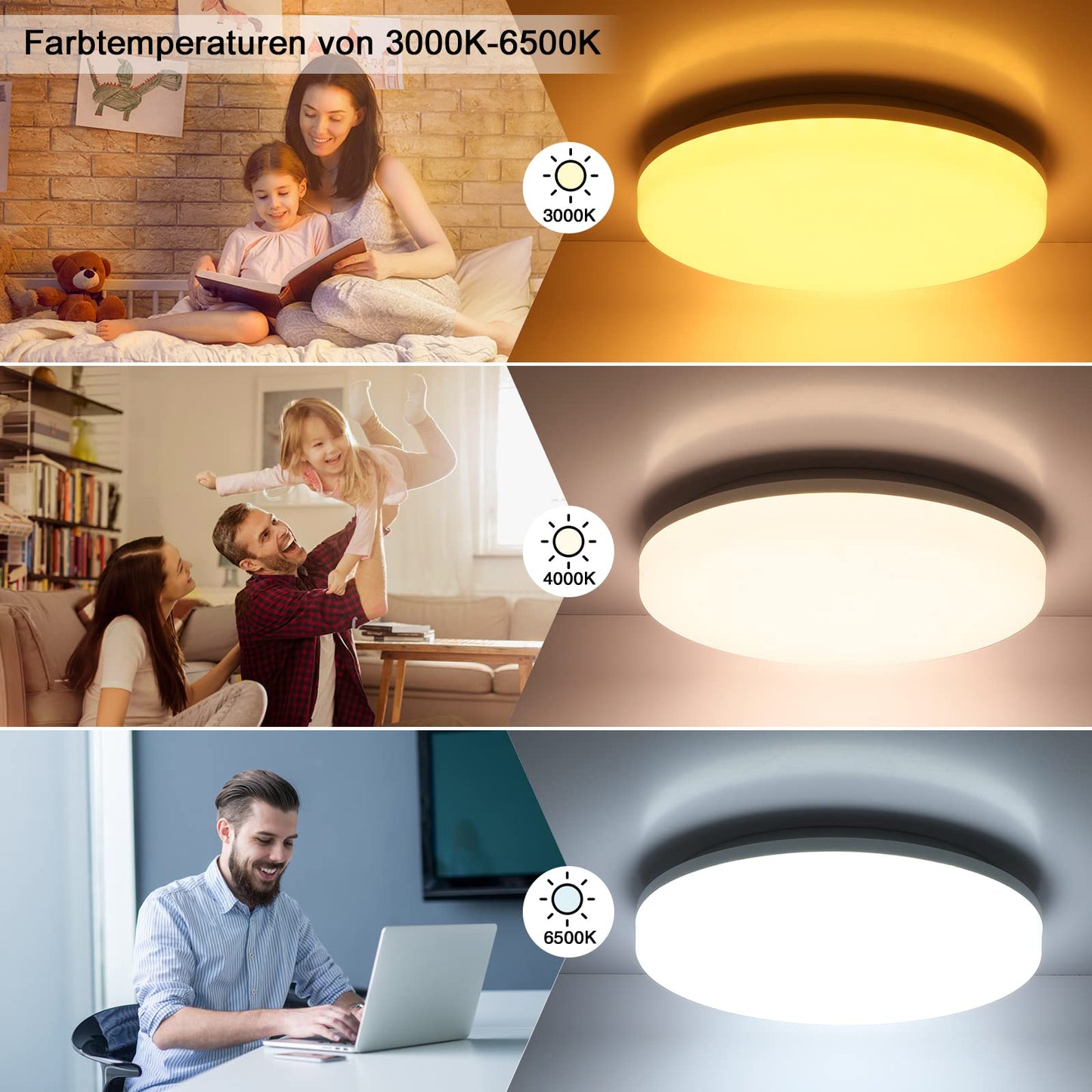 RGB LED ceiling light dimmable with remote control, 36W 3600LM ceiling lamp color change with 7 colors, IP54 waterproof bathroom light for living room, bedroom, children's room, bathroom hallway φ33*4.8cm