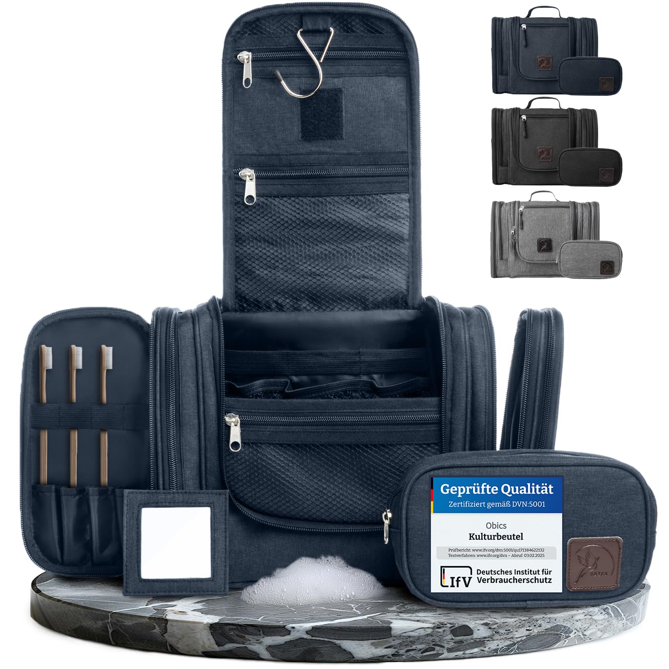 Obics culture bag for men & women big blue 8L XL - toiletry bag for hanging & with mirror - cosmetic bag with handle hanging - large beauty case - wash bag with 10 compartments for camping trips