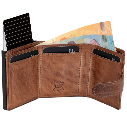 Fa.Volmer ® POP-UP card holder made of genuine leather with/without coin pocket for men & women | up to 11 cards | RFID protection | wallet VO24/31 (Zip Brown)