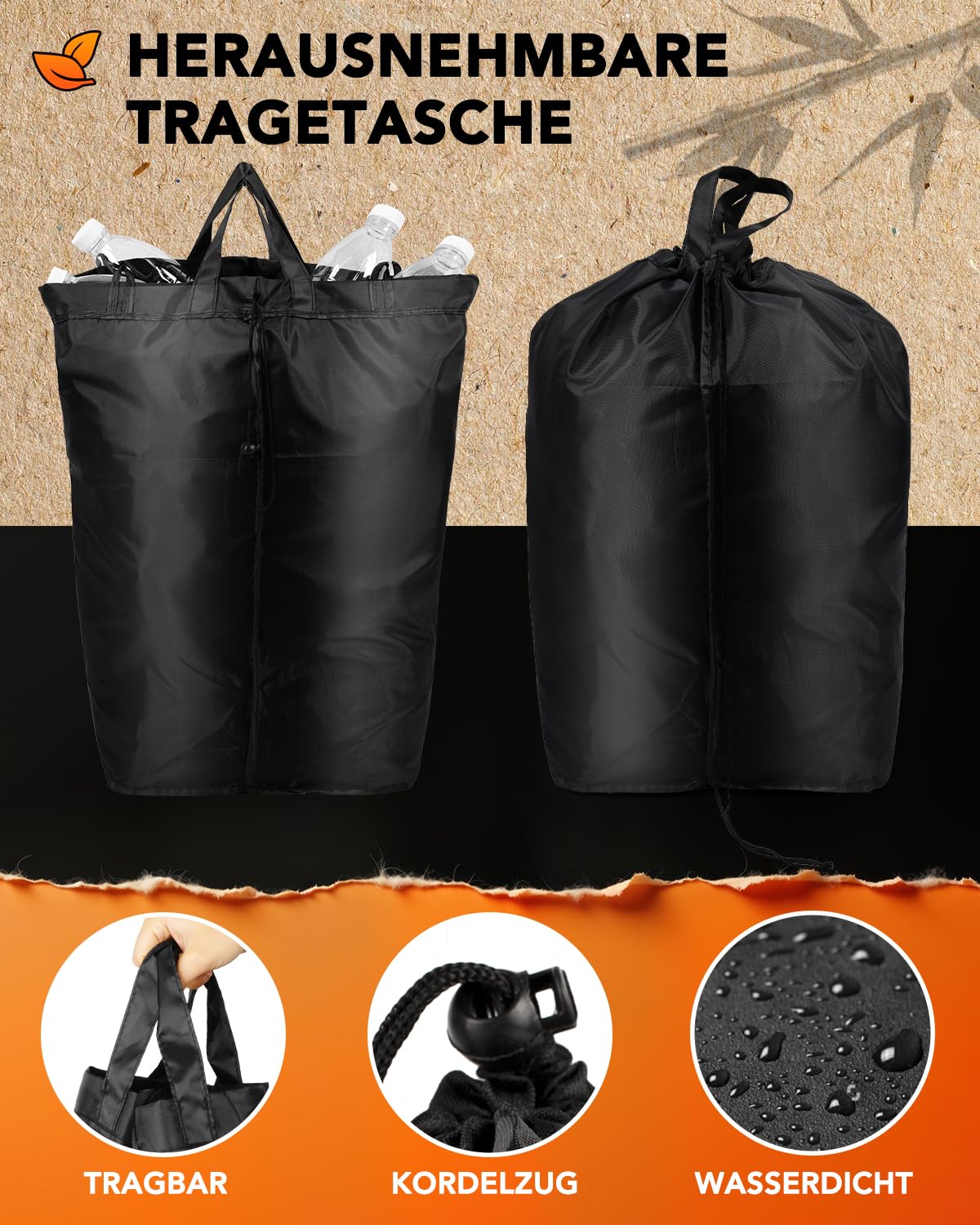 SOUTHGATE Deposit Bottle Collection Bin with 2 compartments, 140L deposit bin, suitable for empties and old glass storage with hole [including 2 XXL carrying bags], trash can with lid for kitchen & storage room, Black