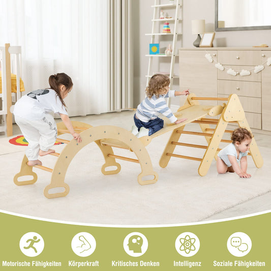 COSTWAY Climbing Triangle with Slide, Climbing Arch, including double-sided ramp, for climbing, sliding, and rocking, 4 in 1 climbing frame Indoor from 1 year (wood color)