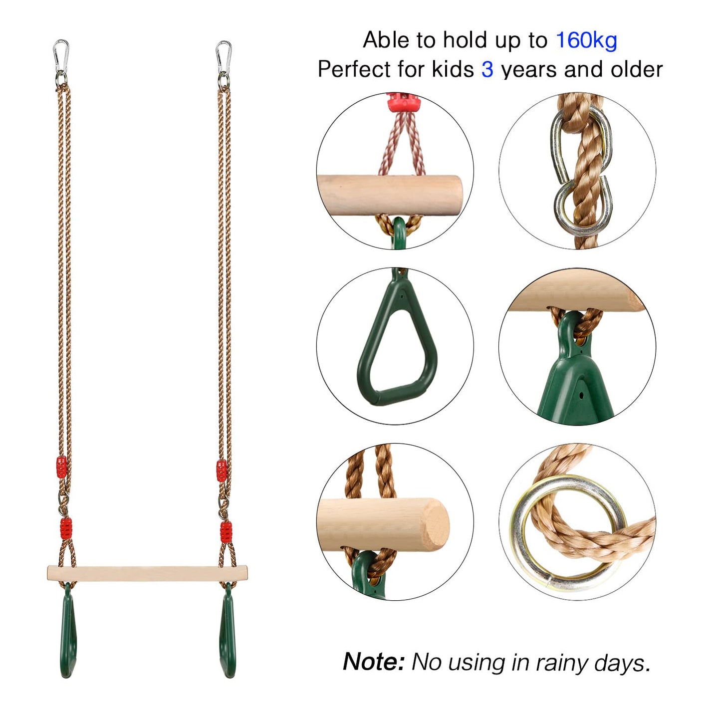 PELLOR Multifunction Kids Wooden Trapeze Swing with Plastic Gymnastic Rings for Hanging, Load Capacity up to 160KG Green