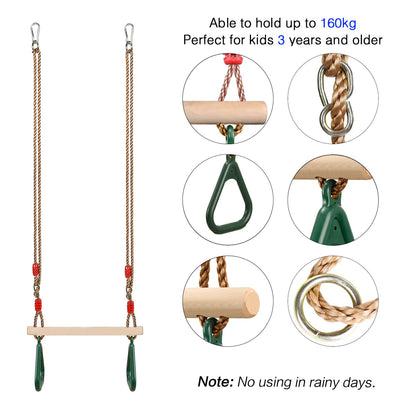 PELLOR Multifunction Kids Wooden Trapeze Swing with Plastic Gymnastic Rings for Hanging, Load Capacity up to 160KG Green