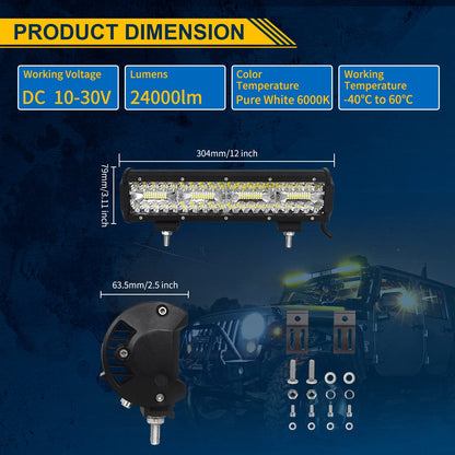 Willpower 12 inch 30CM 240W Led work light Bar + 4 inch 10CM 60W Led spotlight + Wiring Harness 12V 24V Floodlight Spot Led Bar for Offroad Car Tractor Auxiliary Lights Reverse Lights