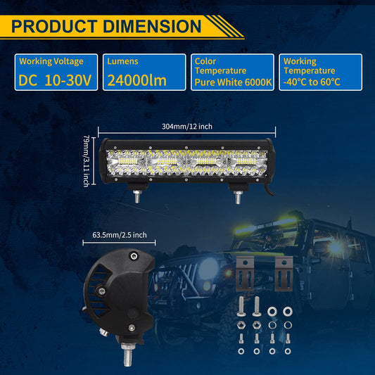 Willpower 12 inch 30CM 240W Led work light Bar + 4 inch 10CM 60W Led spotlight + Wiring Harness 12V 24V Floodlight Spot Led Bar for Offroad Car Tractor Auxiliary Lights Reverse Lights