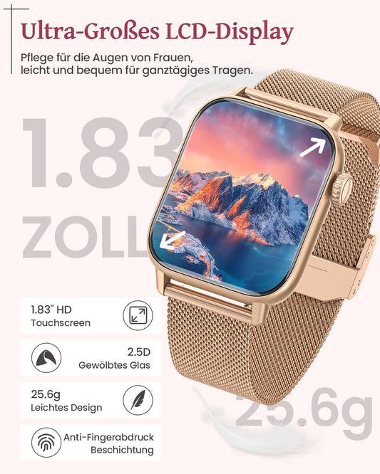 SWGOTA Women's Smartwatch with phone function, 1.83" fitness tracker heart rate monitor sleep tracker step counter SpO2 menstrual cycle, 113 sports modes IP68 waterproof sports watch for women iOS Android Gold