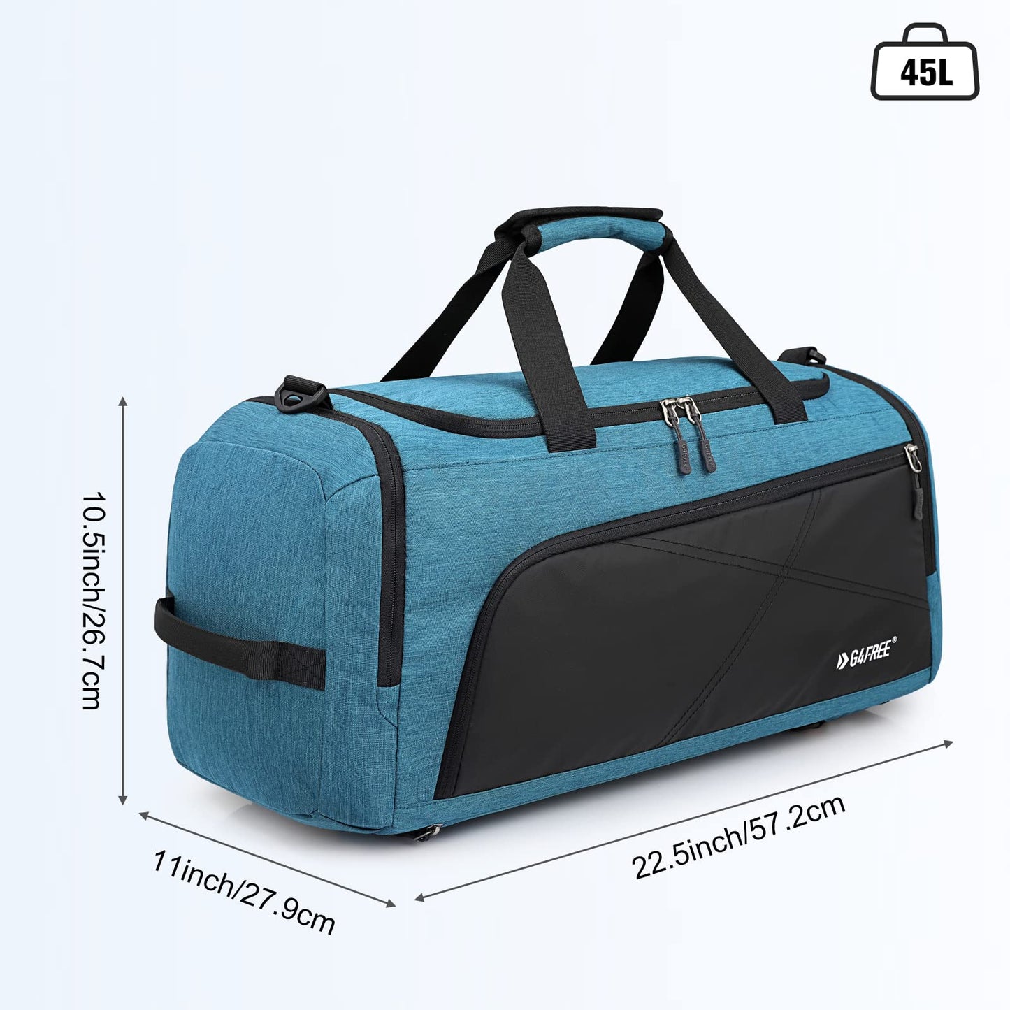 G4Free 45L Large Sport Bag & Travel Bag for Men and Women/with Shoe Compartment & Wet Pocket/Training Bag & Gym Bag & School Sports Bag/for School & Sports & Fitness & Travel, Peacock Blue/Black