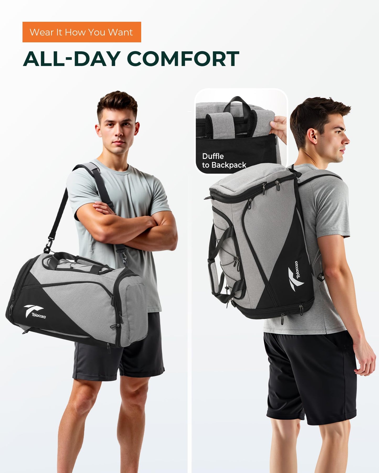 Tolaccea sports bag backpack for men and women, 45-63L expandable sports bags large with shoe compartment wet compartment laptop compartment, travel bag training bag for gym, travel, swimming, sauna, soccer (gray)