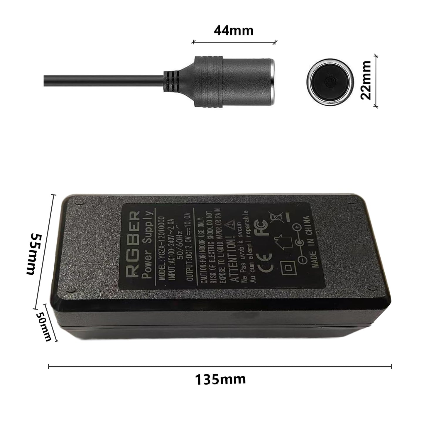 Cigarette lighter socket adapter, voltage converter 230V to 12V, 230V to 12V, adapter for cooler box. Car power adapter. 10A with cooling system.