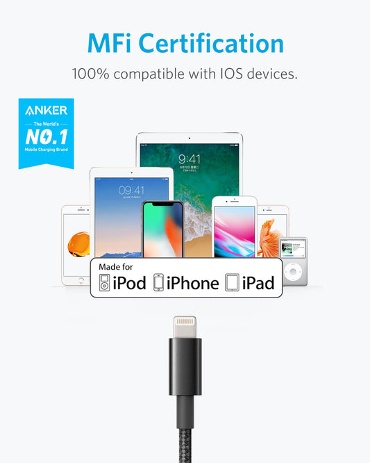 Anchor 331 iPhone charging cable, [2-pack, 1.8m] Premium nylon, USB A to Lightning, MFi-certified, for iPhone 14/13/12/11/X/XS/XR/SE/8 Plus/7/6 and more.