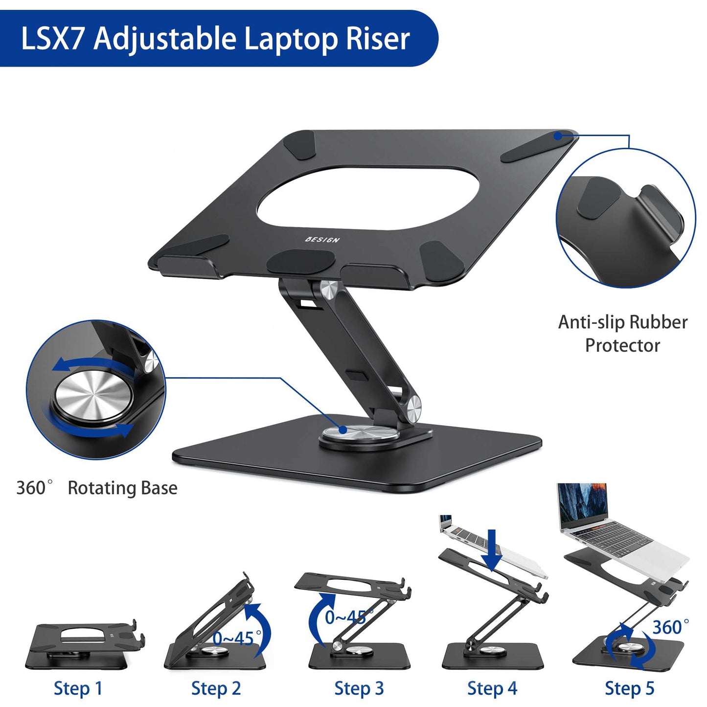 BESIGN LSX7 Laptop stand with 360 Rotating Base, Adjustable ergonomic Notebook Stand, Laptop stand compatible with 10-15.6" Laptops (Black)