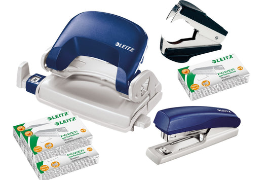 Leitz 5507 Punch and Binder Bundle including storage clips and clip remover Complete set blue