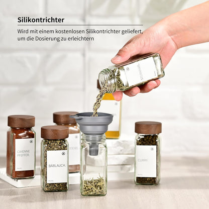 Miorkly 24-Piece Square Spice Jars Set, Glass Spice Shakers with Wooden Lids 120ml, Kitchen Accessories for Spice Storage, Spice Tins, Spice Containers with Spice Labels, Funnel-Spice Jars