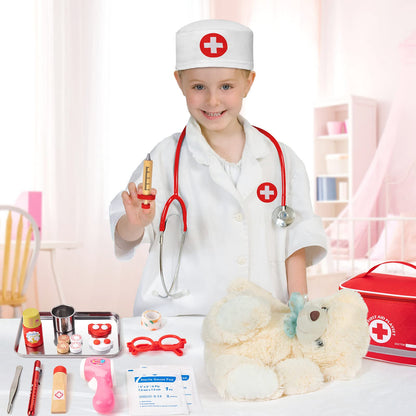 EFO SHM Doctor's Kit for Kids, 34-piece wooden doctor's kit with stethoscope, thermometer, syringe, doctor's bag, and lab coat - Gift for children role-playing toy for ages 3 years and up.