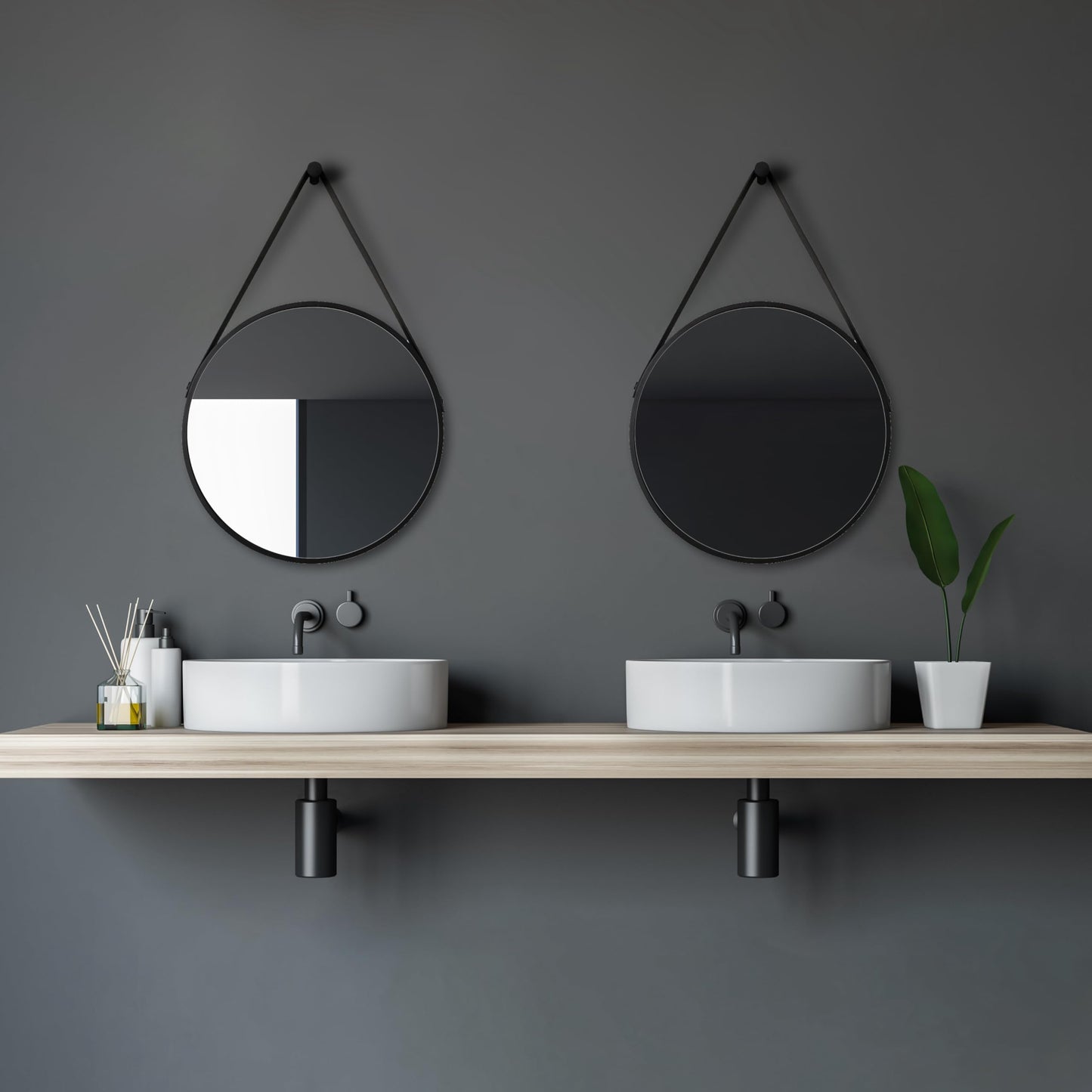 Talos Black Style round Ø 50 cm - Round bathroom mirror in matte black with aluminum frame - Wall mirror with leather-look band - High-quality bathroom mirror for a modern atmosphere