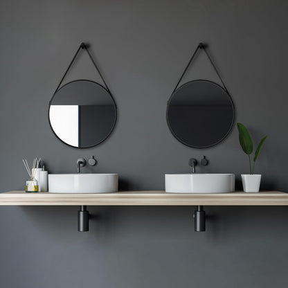 Talos Black Style round Ø 50 cm - Round bathroom mirror in matte black with aluminum frame - Wall mirror with leather-look band - High-quality bathroom mirror for a modern atmosphere