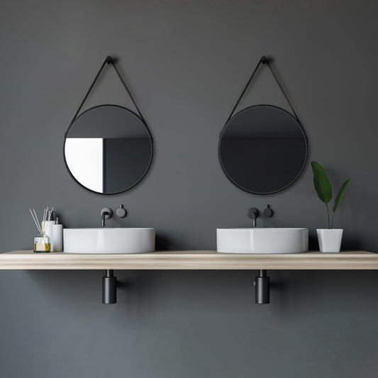 Talos Black Style round Ø 50 cm - Round bathroom mirror in matte black with aluminum frame - Wall mirror with leather-look band - High-quality bathroom mirror for a modern atmosphere