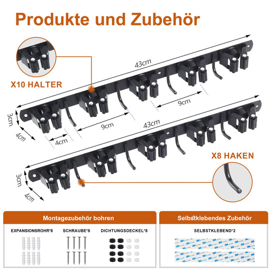 OMerima 2 Piece Broom Holder Wall, 10 Holders + 8 Hooks Stainless Steel Tool Holder, Self-Adhesive Garden Tool Holder and Broom Holder, Black Wall Mount Hanger for Brooms