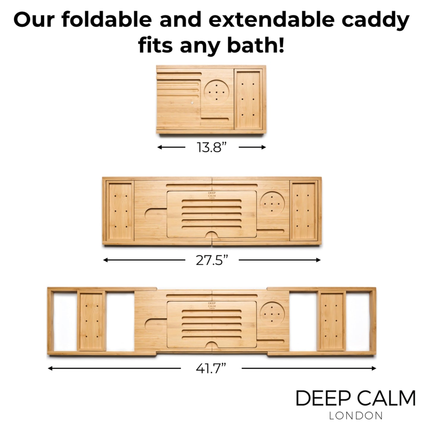 Deep Calm Bathtub Tray - Adjustable Bamboo Bathtub Caddy - Non-Slip Bathtub Shelf Fits Most Tubs - Holds Book, iPad, Phone, Glass, Candle (Natural)