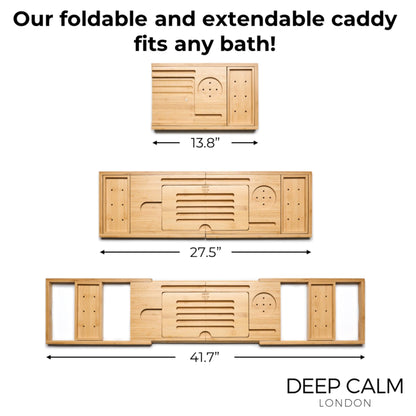Deep Calm Bathtub Tray - Adjustable Bamboo Bathtub Caddy - Non-Slip Bathtub Shelf Fits Most Tubs - Holds Book, iPad, Phone, Glass, Candle (Natural)