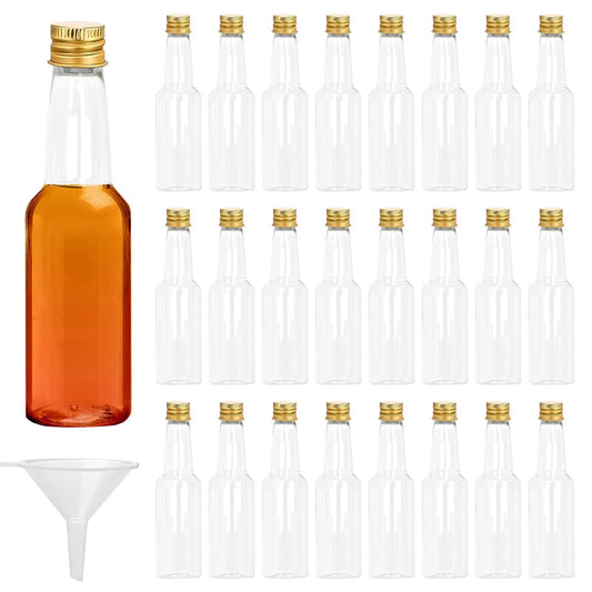 24 mini bottles, 100ml plastic bottles, empty small liquor bottles with funnel, miniature bottles with cap, alcohol bottles sauce bottles for weddings parties (gold cap)