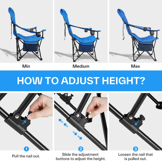 Sportneer Folding Camping Chair: Foldable camping chair up to 160 kg with 3 adjustable angles, backrest, headrest, and carrying bag. Blue, 2-pack.