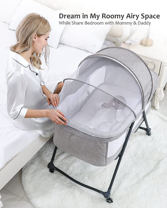 UBRAVOO Foldable bedside baby cot, grab-and-go baby bed with mattress, wheels, travel bag, mosquito net, children's travel cot, kids bed, additional bed for newborns, Bravo Pro, Gray.