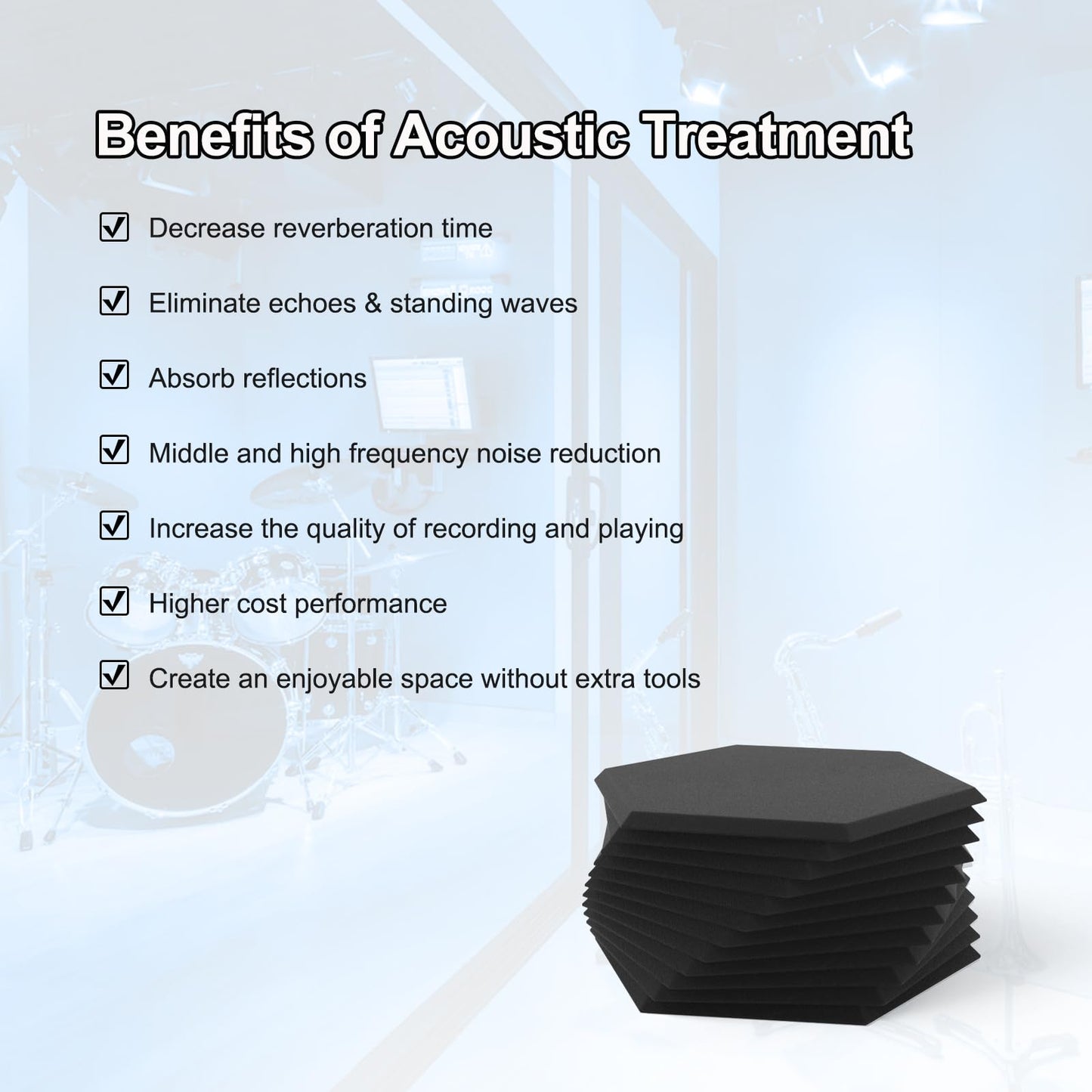 Hexagon Acoustic Panels Self-Adhesive, 12 Pieces Sound Absorber for Studio, Living Room, Gaming Decor, Nursery, Office, Walls, Ceilings, Doors Acoustic Panels Black, 30 x 26 x 0.9cm