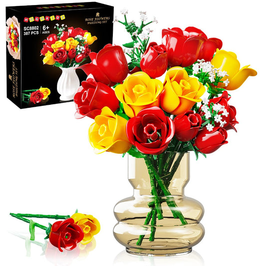 HOGOKIDS Flower Bouquet Building Kit with Lights - 16 bouquet botanical building blocks artificial red roses flowers for home decoration Mother's Day birthday gifts for girls adults - 387 pieces (YELLOW)