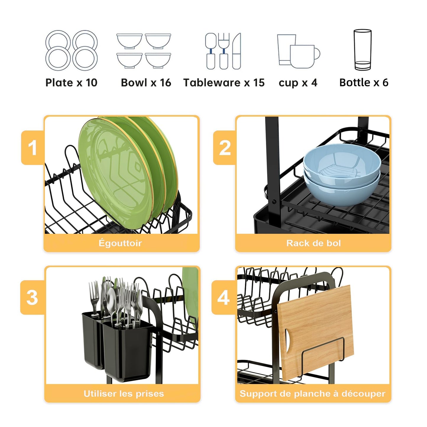 Yexati Large Capacity Dish Drying Rack 2-Tier Dish Drainer with Drip Tray Anti-Rust Dish Rack for Kitchen Counter Plus Utensil Holder, Bottle Drying Rack, Black