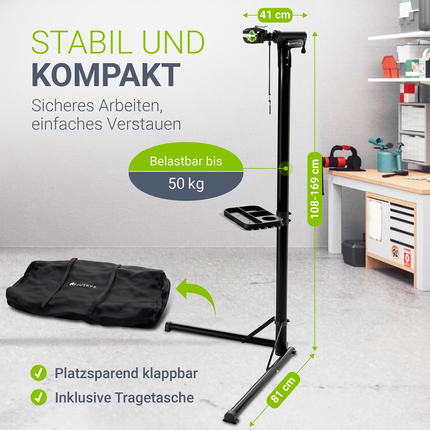 Juskys Bike Repair Stand, up to 50 kg for E-bikes, foldable & height adjustable, clamp head rotates 360°, rubber coating & tool tray, heavy-duty stand for 24 to 29 inch bikes.