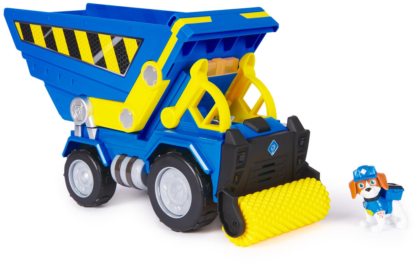 Rubble & Crew - Premium Construction vehicle with a tipping dump truck, leveling roller, lights, and sounds (Deluxe vehicle) and Wheeler figure, toy for children aged 3 years and up.