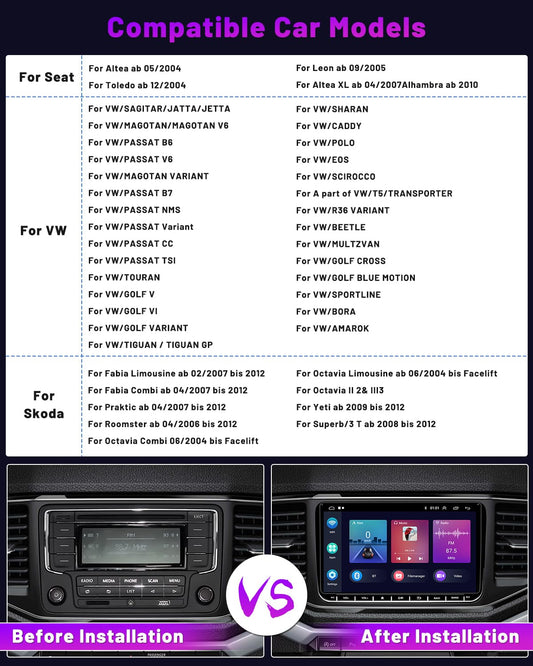 2+64GB DAB/DAB+ Android 15 Car Stereo with Navigation for VW Golf Polo Passat Skoda Seat - 9" Touchscreen, Wireless Carplay, Android Auto, Bluetooth, RDS FM GPS WiFi HiFi SWC, Rearview Camera