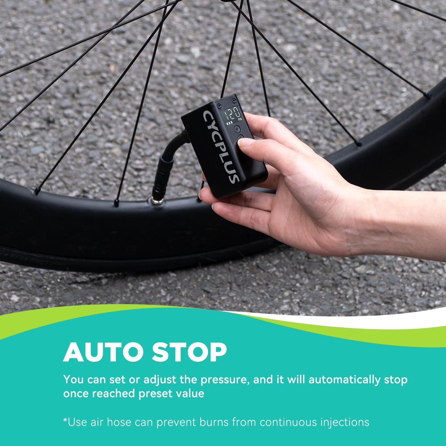 CYCPLUS AS2 PRO Tiny Bike Pump with Gauge, max 120 PSI Electric Bike Pump, automatic shut-off, with Presta and Schrader valve for e-bike, mountain bike, city bike, and road bike (2025 version)