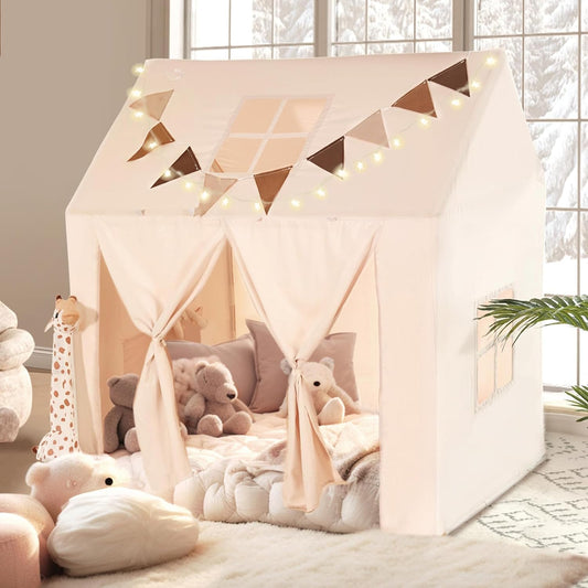 NIUEVLRS Children's Tent with Mat, Indoor Play Tent, Outdoor Kids Playhouse, Play Tent with Windows and Roll-up Door for Boys and Girls, Lights and Flags, 132 x 90 x 132 cm